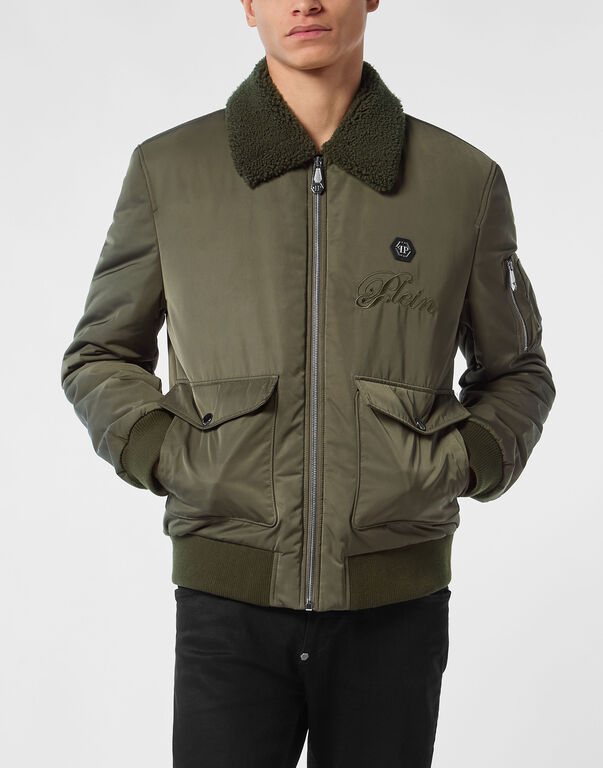 Nylon Aviator Jacket with Shearling Collar Dark Green