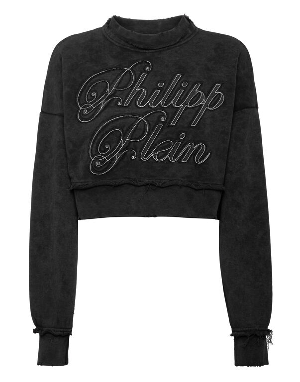 Cropped Round Neck Sweatshirt Patch Signature black