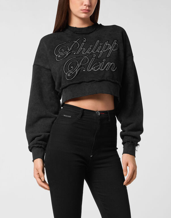 Cropped Round Neck Sweatshirt Patch Signature black