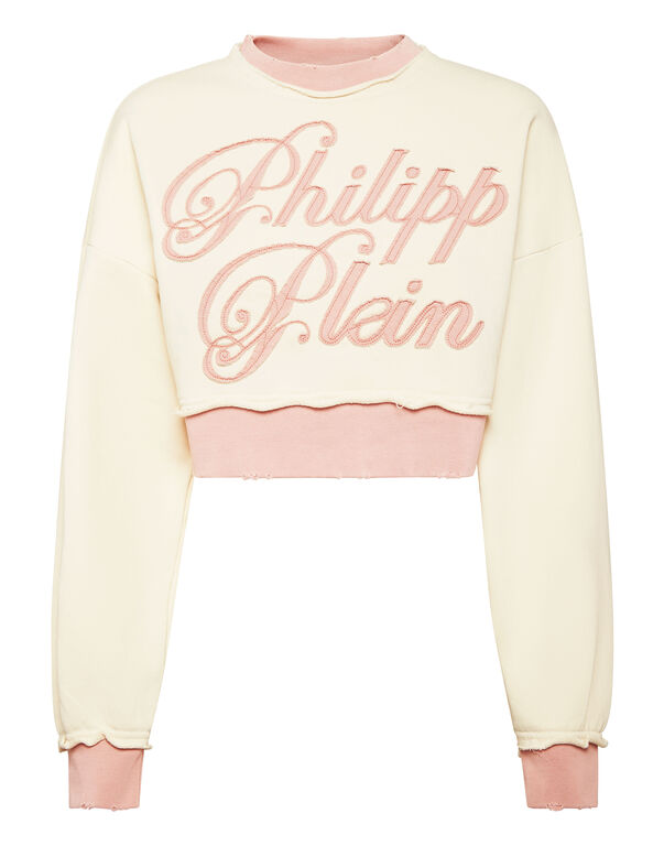 Cropped Round Neck Sweatshirt Patch Signature beige