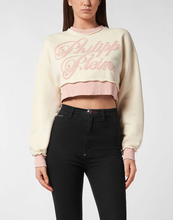 Cropped Round Neck Sweatshirt Patch Signature beige