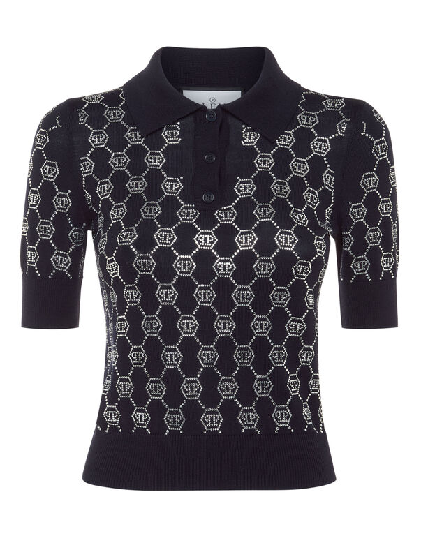 Knitted Strass Polo-Neck SS Monogram navy