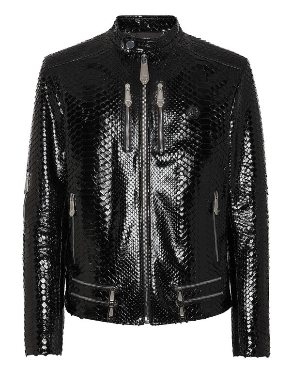 Python Zipped Leather Moto Jacket black