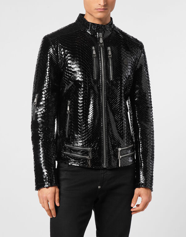 Python Zipped Leather Moto Jacket black