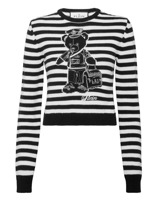 Striped Round Neck Pullover Teddy black