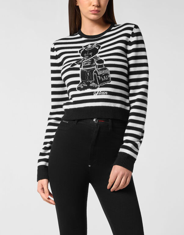Striped Round Neck Pullover Teddy black