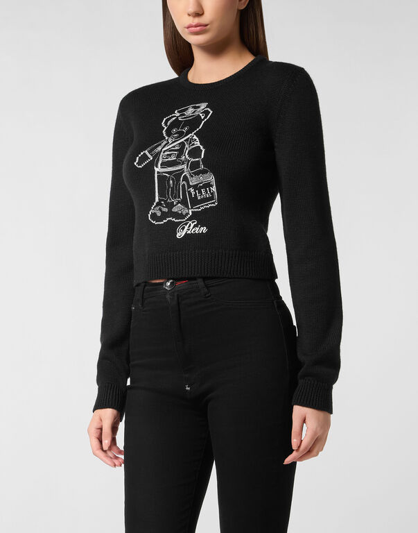 Cropped Round Neck Pullover Teddy black