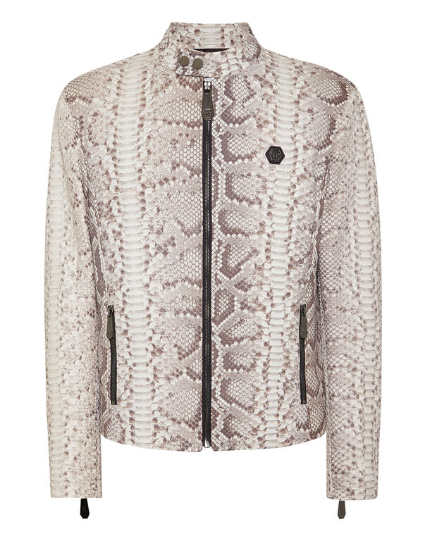 Python Leather Moto Jacket beige