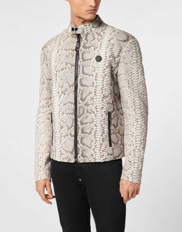 Python Leather Moto Jacket beige