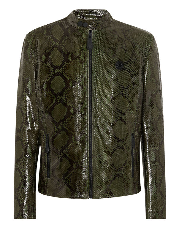 Python Leather Moto Jacket green