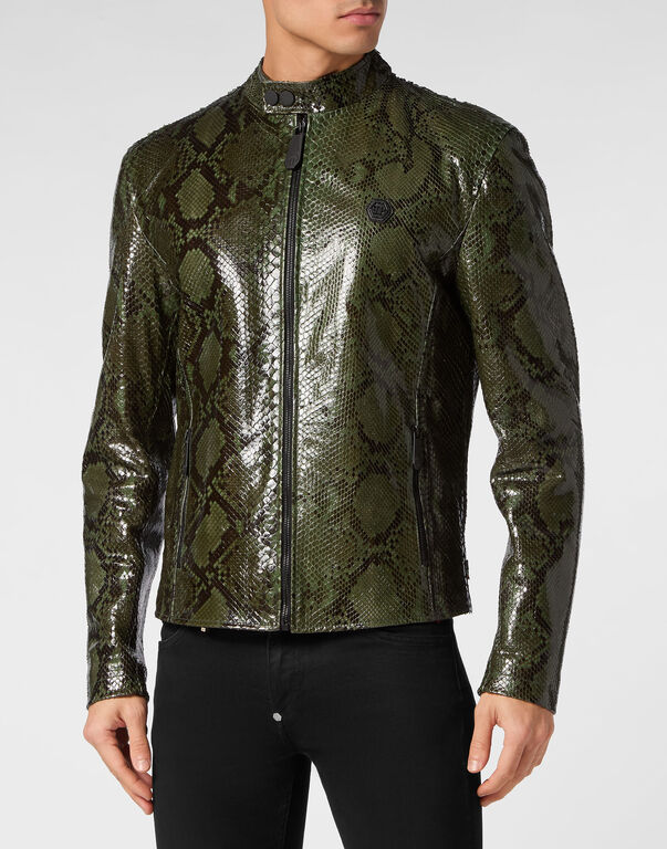 Python Leather Moto Jacket green