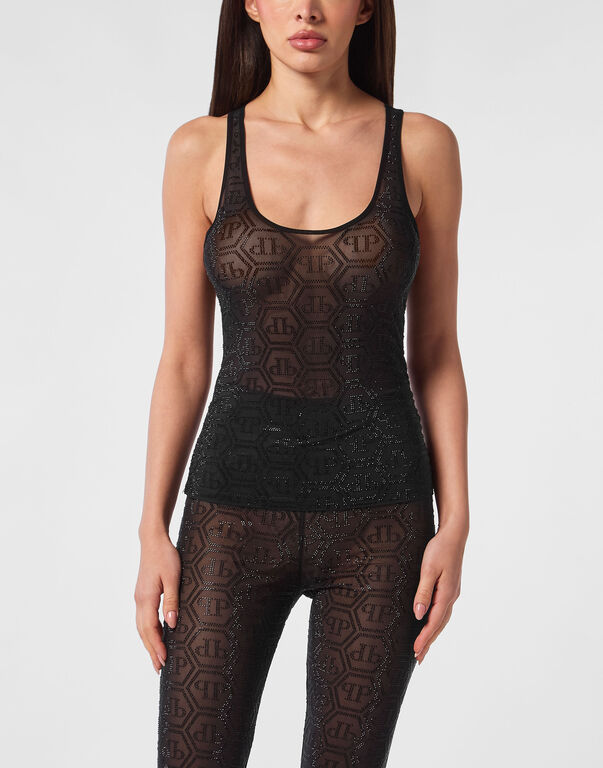 Tulle Tank Top Monogram Strass black