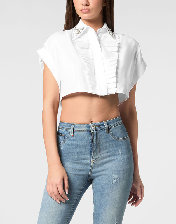 VOLANT CROPPED SHIRT SS STRASS white