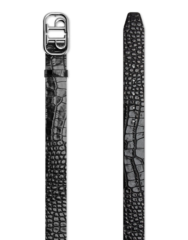Leather Belt Crocco Print Shiny Skull black