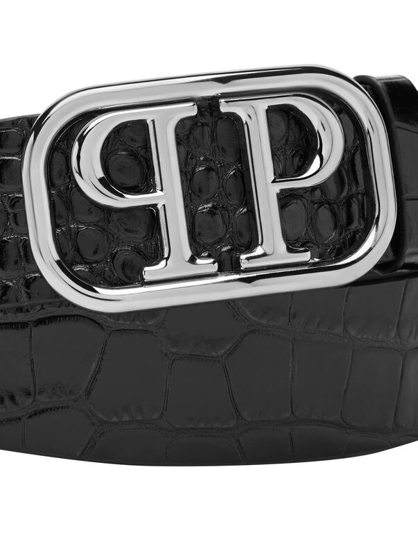 Leather Belt Crocco Print Shiny Skull black