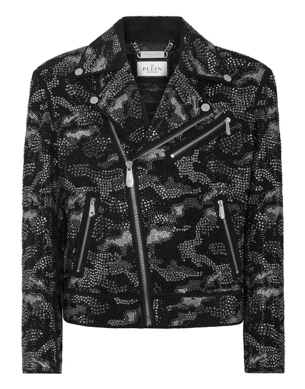 Strass Leather Biker Jacket Camouflage black
