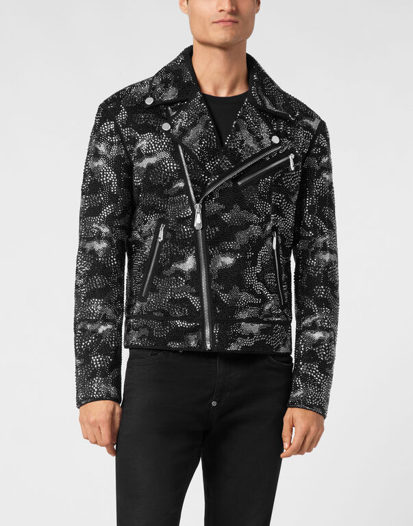 Strass Leather Biker Jacket Camouflage black