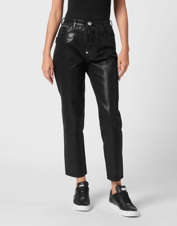 Coated Denim Trousers Mom Fit Black Ink