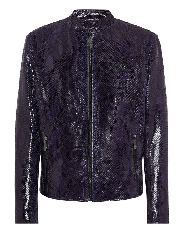Python Leather Moto Jacket dark blue