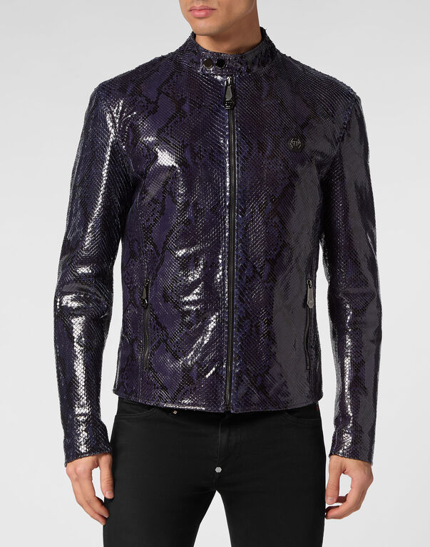Python Leather Moto Jacket dark blue
