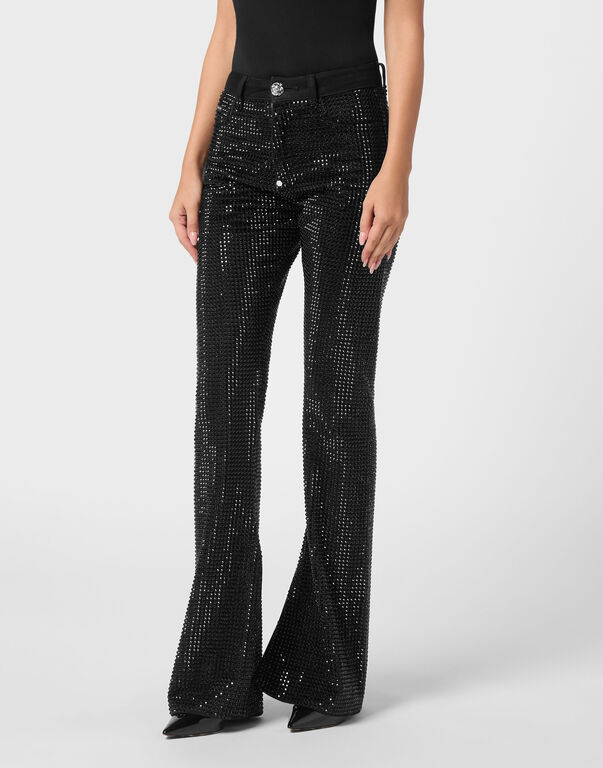 Denim Trousers Flare Fit Strass black