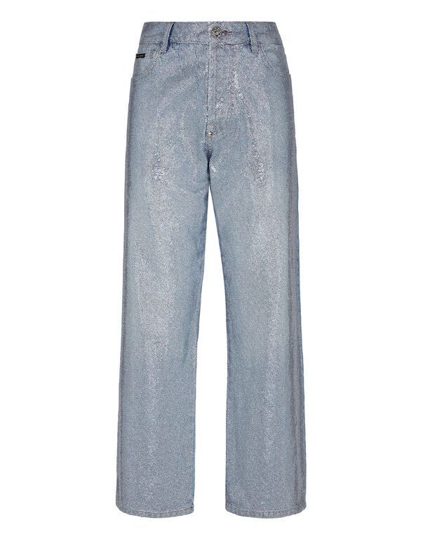 Denim Trousers High Rise Fit Full Crystal Grisaille Turquoise