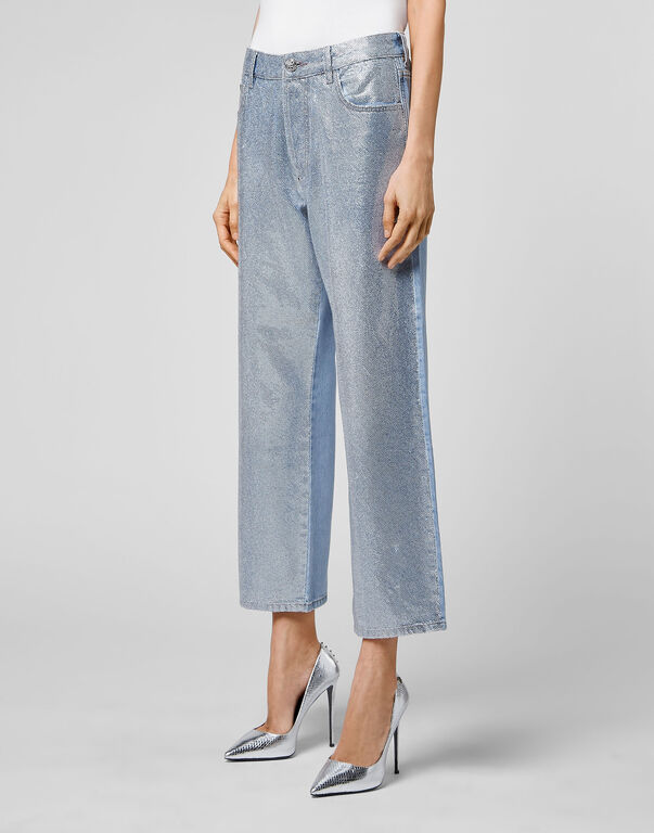 Denim Trousers High Rise Fit Full Crystal Grisaille Turquoise