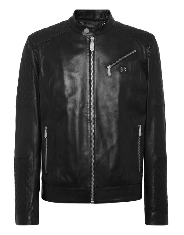 Padded Leather Moto Bomber black