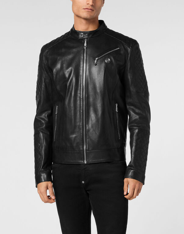 Padded Leather Moto Bomber black