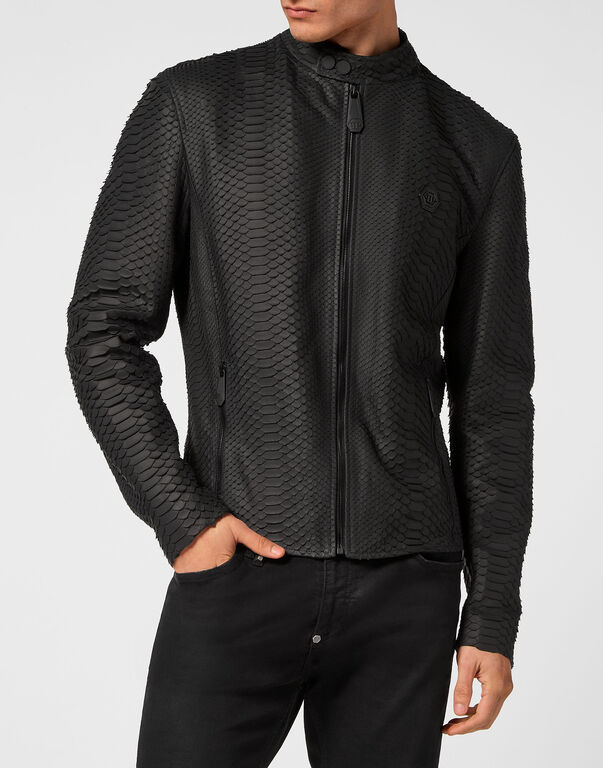 Python Leather Moto Jacket black