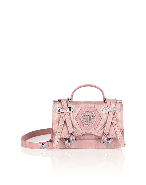 Shiny Crackle Leather Belt Handle Bag Small Hexagon nude pink