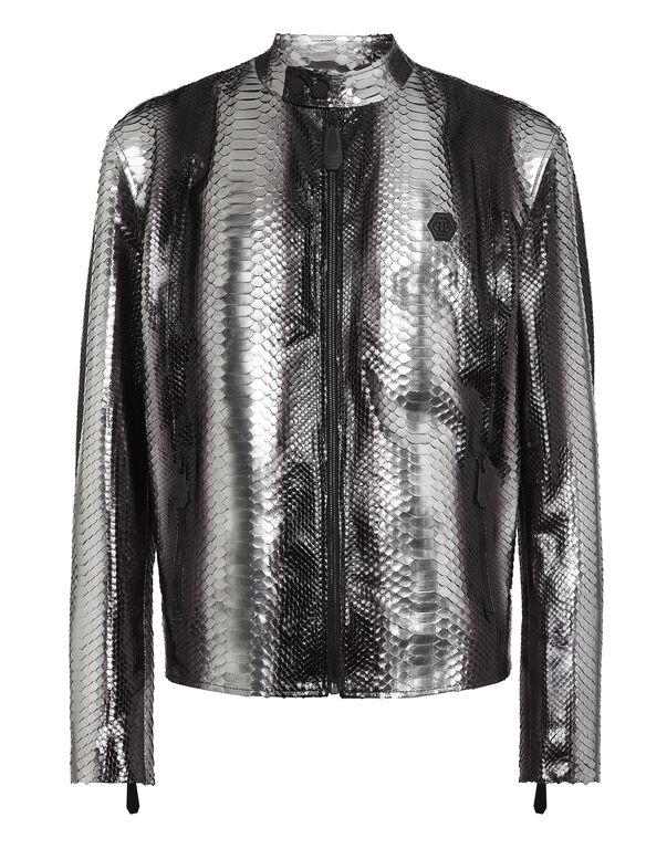 Python Leather Moto Jacket Silver