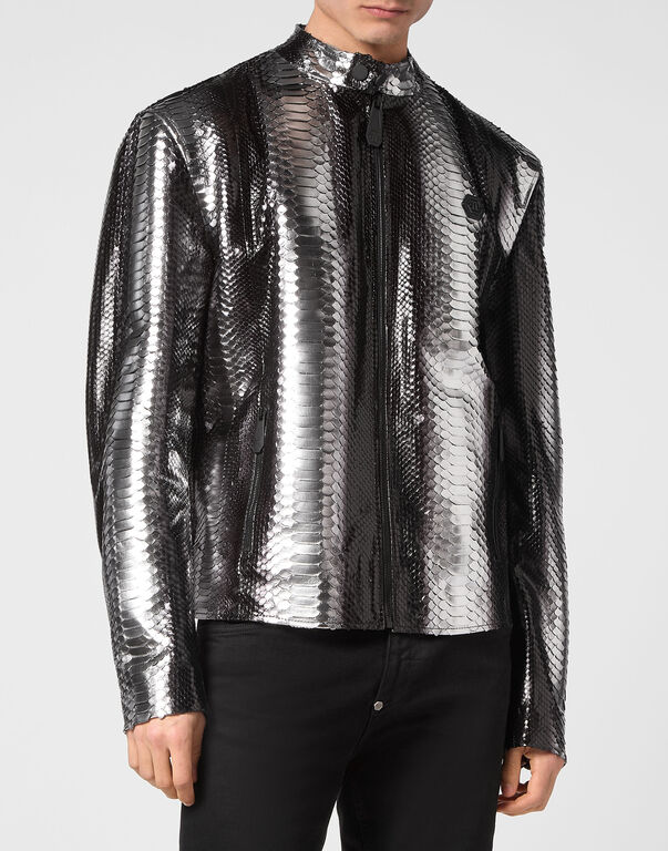 Python Leather Moto Jacket Silver