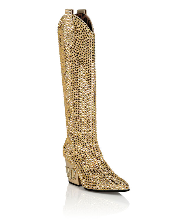 CowBoy Mid-Heel BootsGothic Plein with Crystals gold