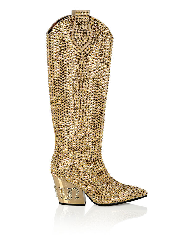 CowBoy Mid-Heel BootsGothic Plein with Crystals gold