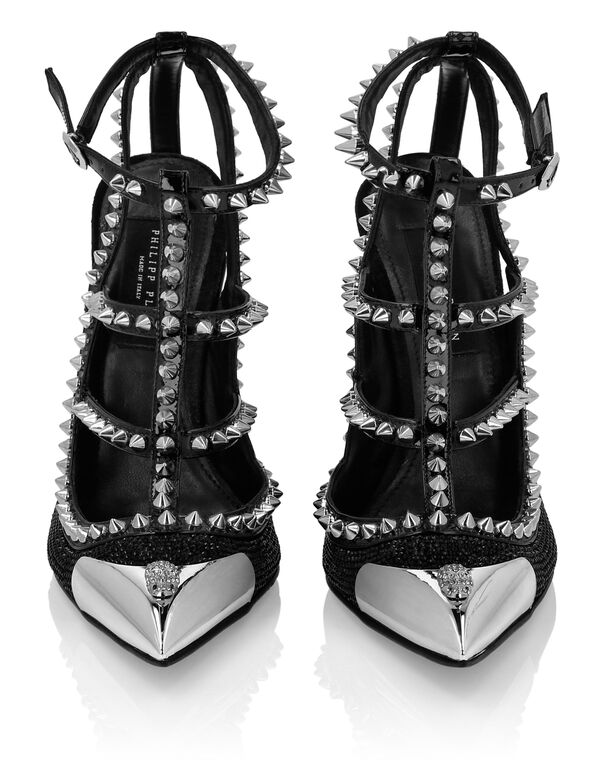 Leather Strass Sandals High Heels Studs black
