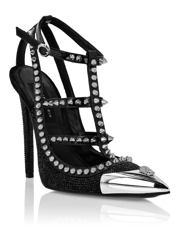Leather Strass Sandals High Heels Studs black