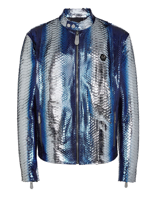 Python Leather Moto Jacket light blue