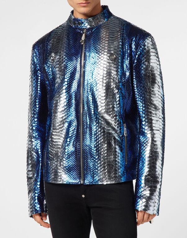 Python Leather Moto Jacket light blue