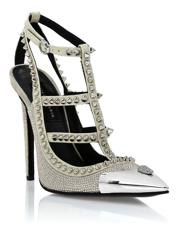 Leather Strass Sandals High Heels Studs beige