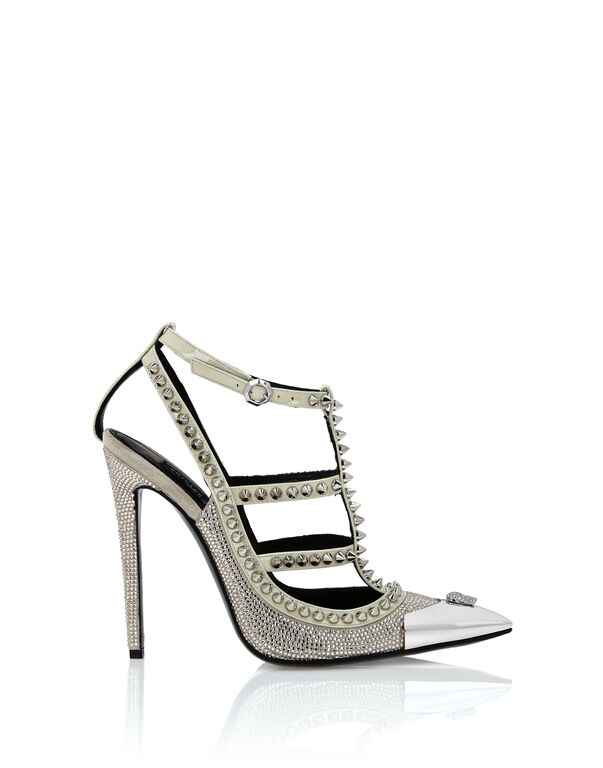 Leather Strass Sandals High Heels Studs beige