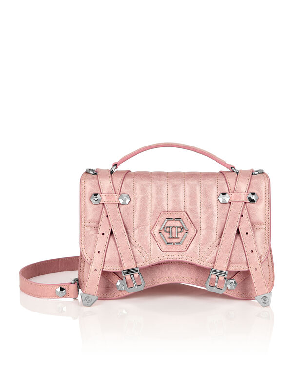 Shiny Crackle Leather Belt Handle Bag Medium Hexagon nude pink