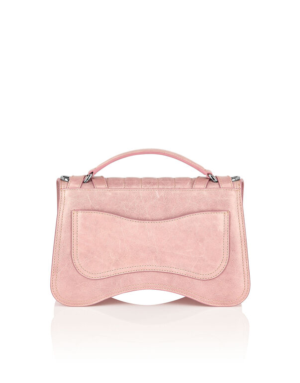 Shiny Crackle Leather Belt Handle Bag Medium Hexagon nude pink