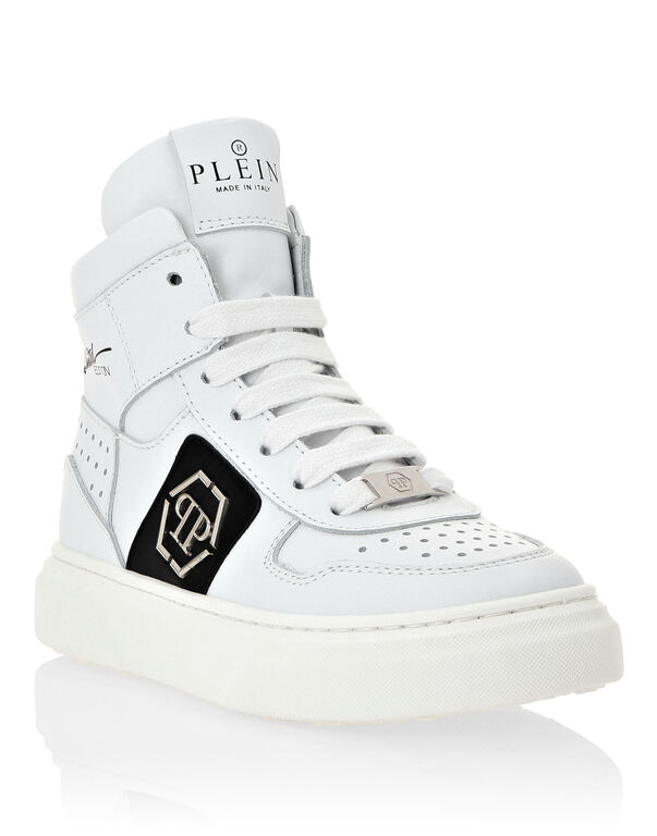 LEATHER HI-TOP SNEAKERS HEXAGON AND LIMITED EDITION PRINT white