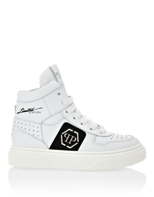 LEATHER HI-TOP SNEAKERS HEXAGON AND LIMITED EDITION PRINT white