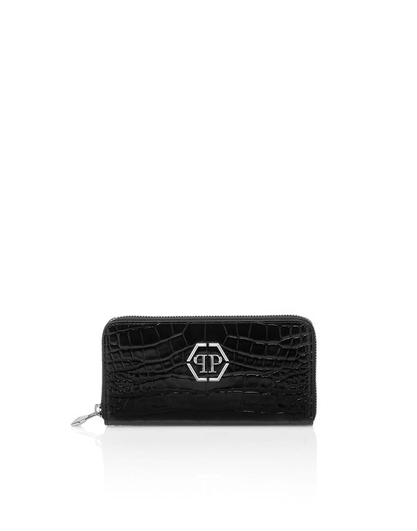 Croco Embossed Round Zip Wallet black