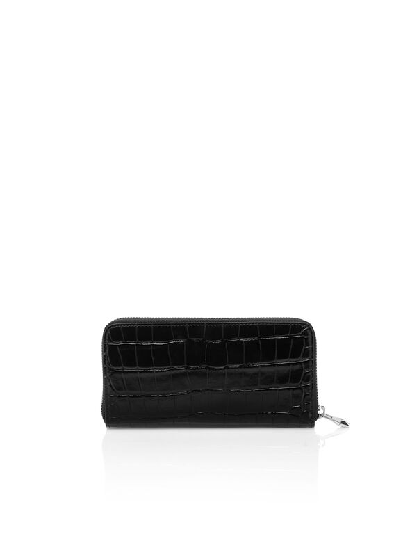 Croco Embossed Round Zip Wallet black