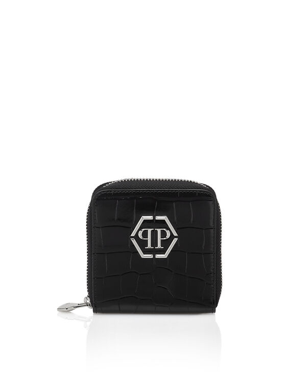 Croco Embossed Mini Round Zip Wallet black