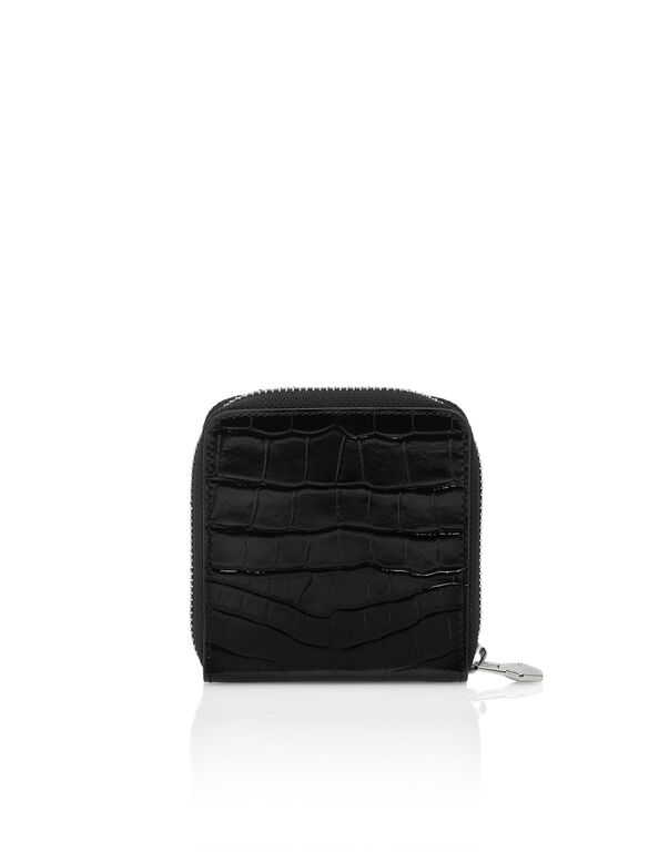 Croco Embossed Mini Round Zip Wallet black