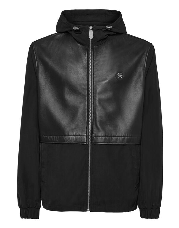 Nylon/Leather Hooded Jacket LS black